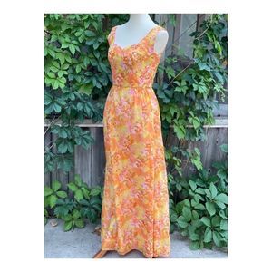 1950s Chiffon Formal Gown Dress Maxi Floral Tangerine Pink Yellow Sleeveless